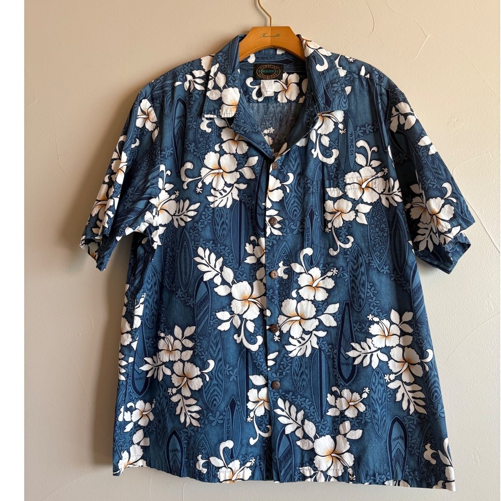 Hawaiian Reserve Collection Mens XL Blue Hibiscus Surfboard Aloha Shirt‎ Vintage
